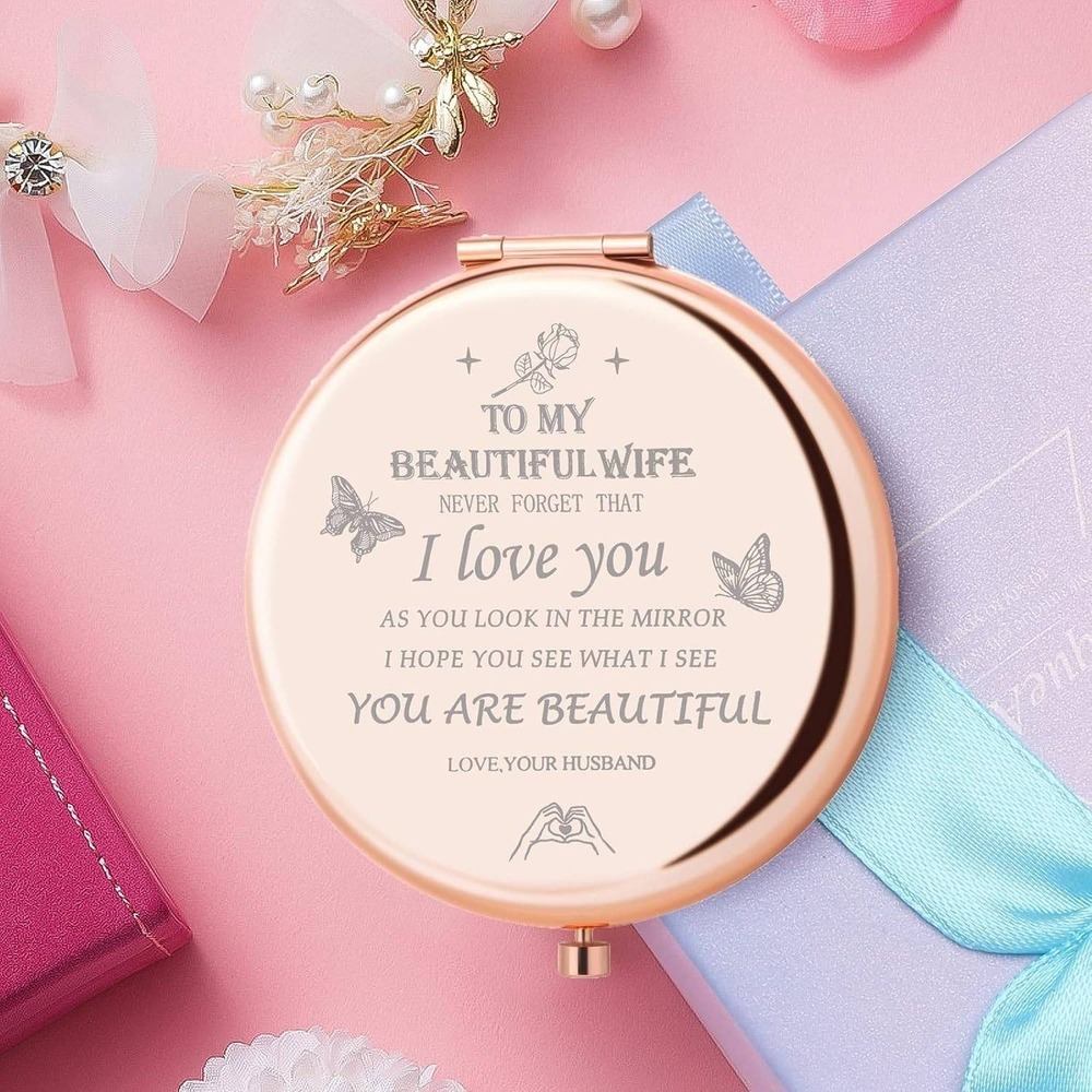 Rose Gold Engraved Compact Mirror To My‎ Beautiful Wife Gift with Box